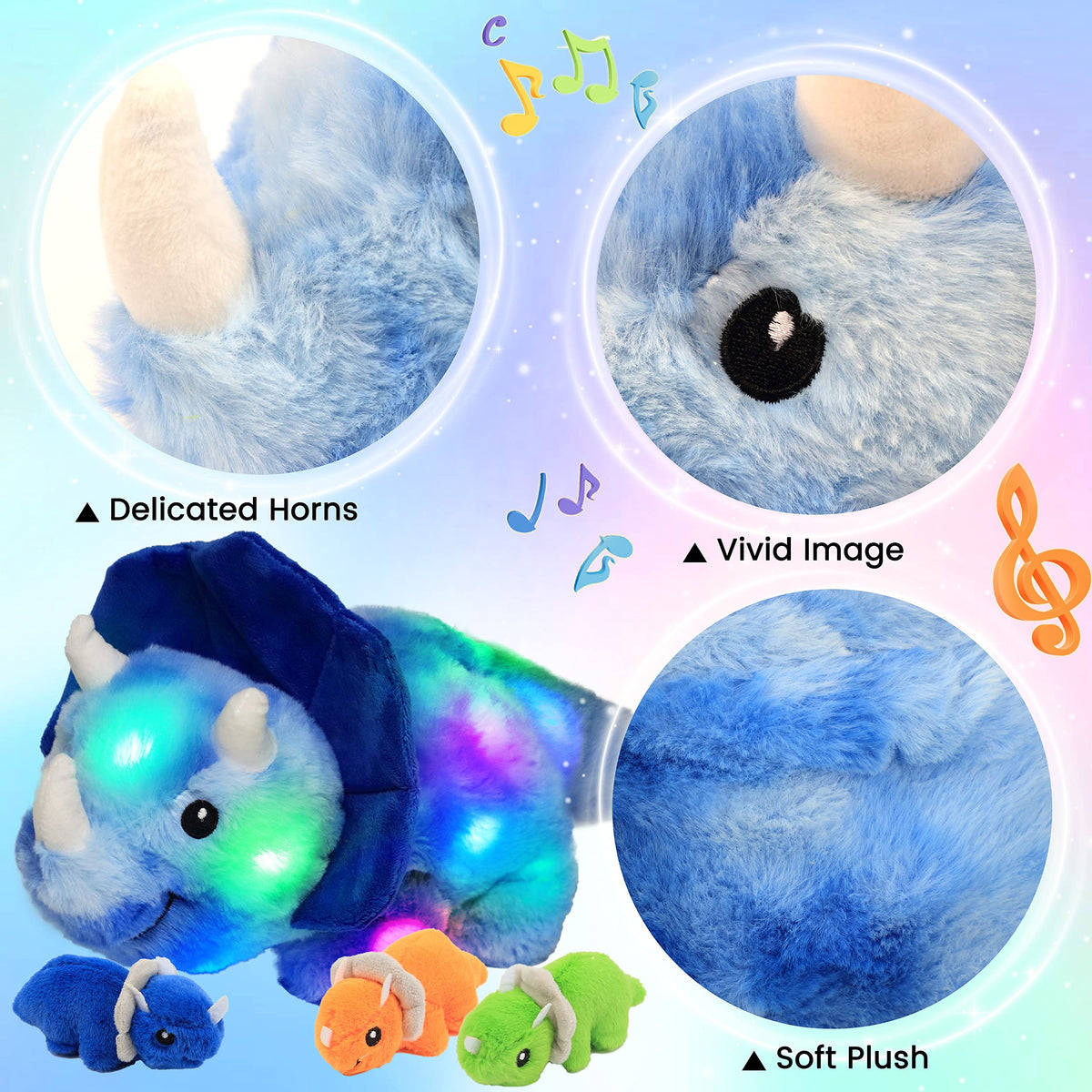 Hopearl LED dinosaur baby blue color close-up showcasing soft plush and comforting glow.