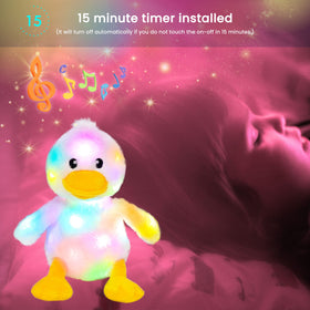Hopearl duck plush arrives as a gentle nighttime companion during travel.