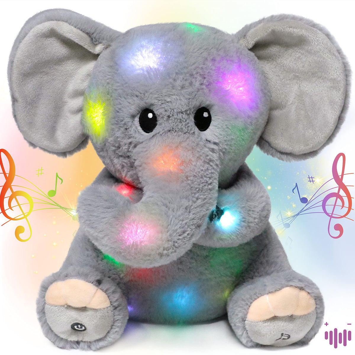 Hopearl LED musical plush elephant glows softly in the dark for bedtime comfort.