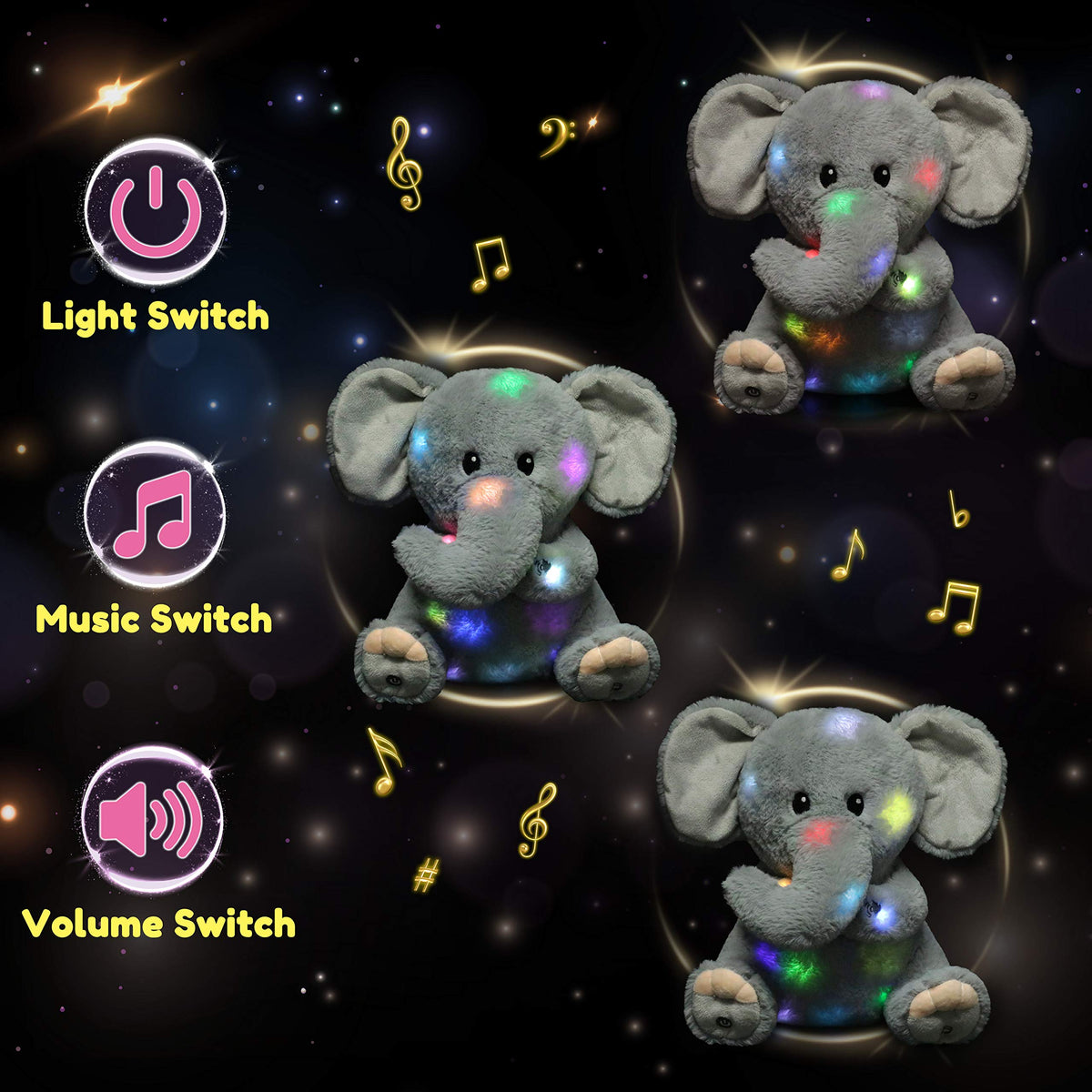 Hopearl plush elephant easy access to light and music controls.