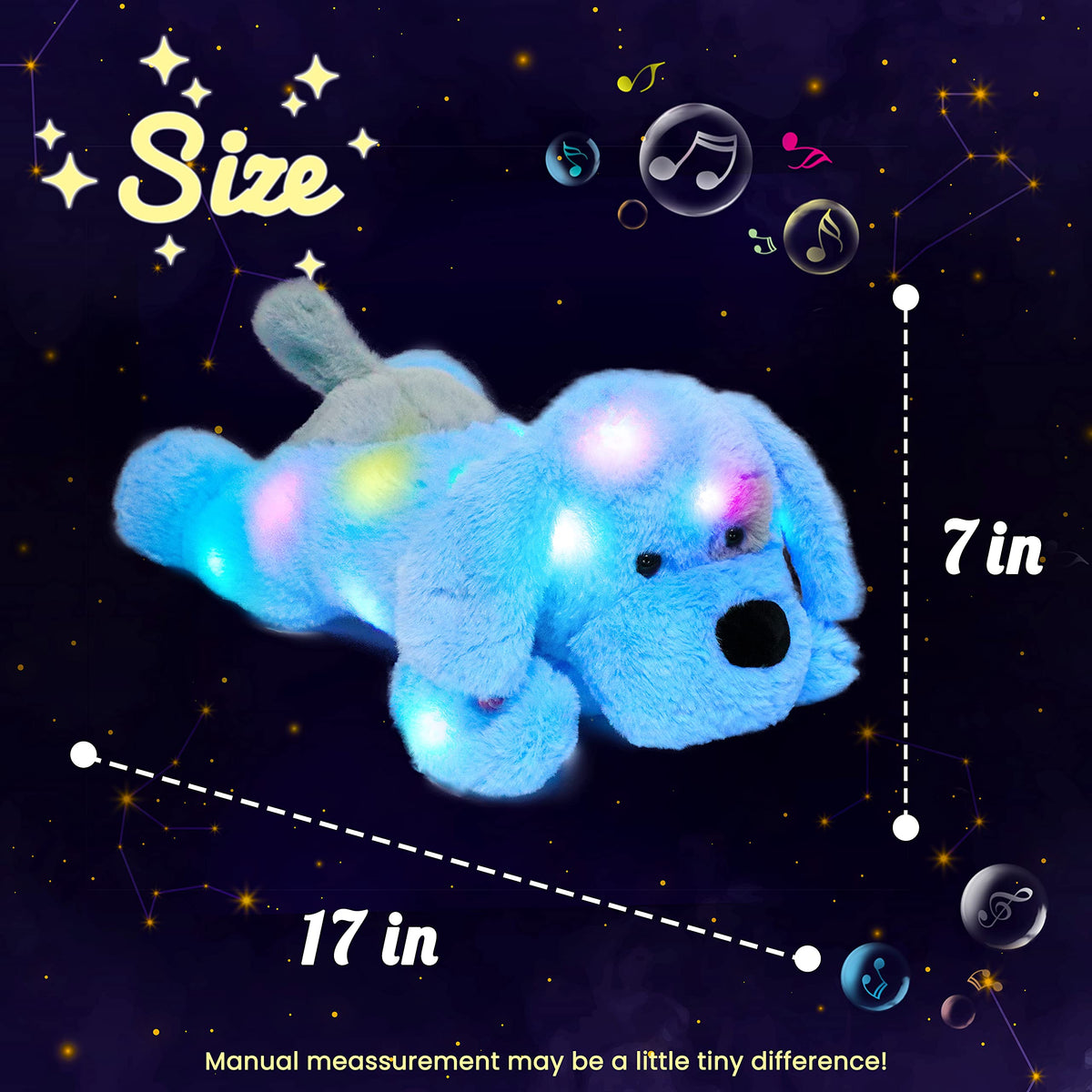 Hopearl LED Musical Puppy full body view in blue plush for cuddling