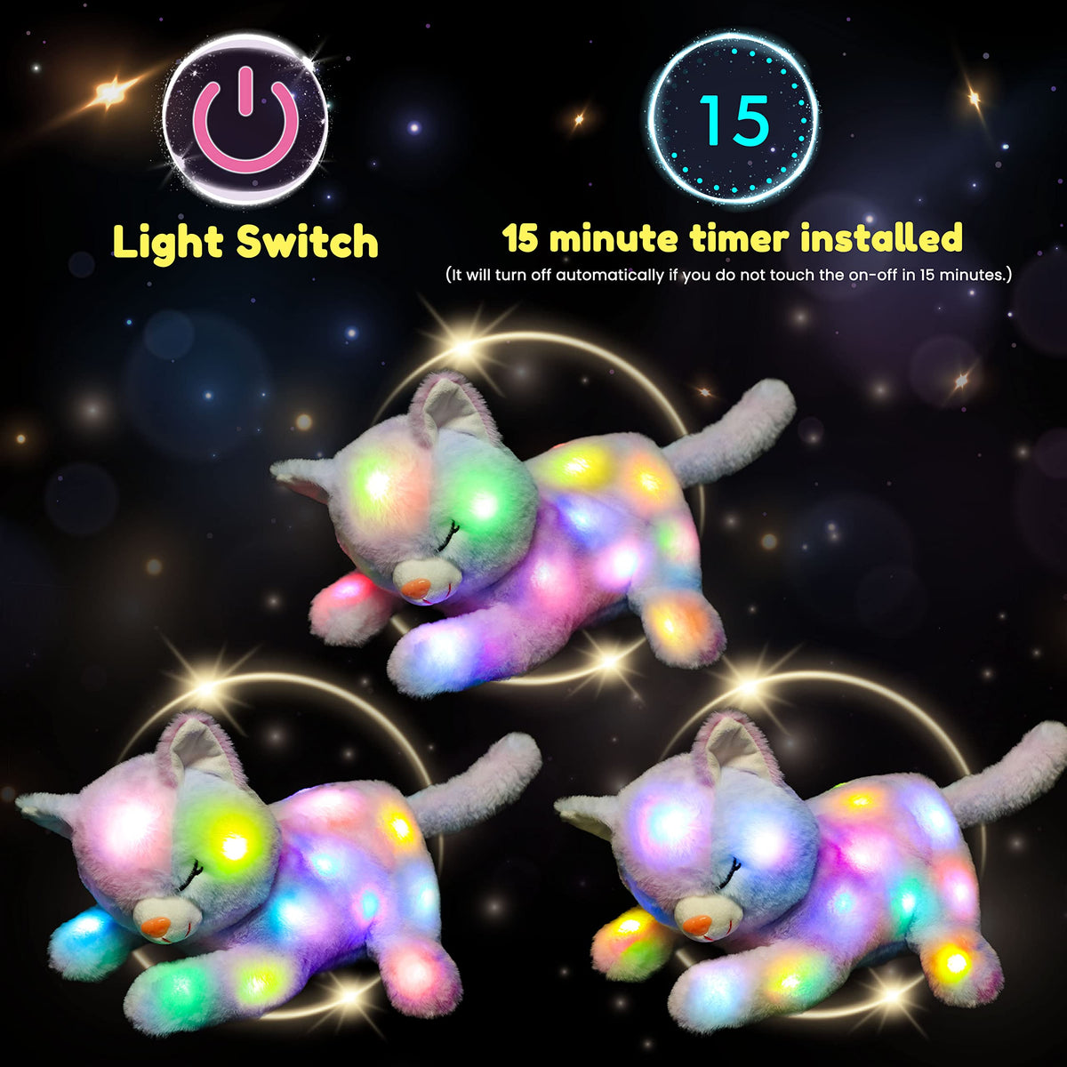 Hopearl LED cat with 15-minute auto-off timer for safety.