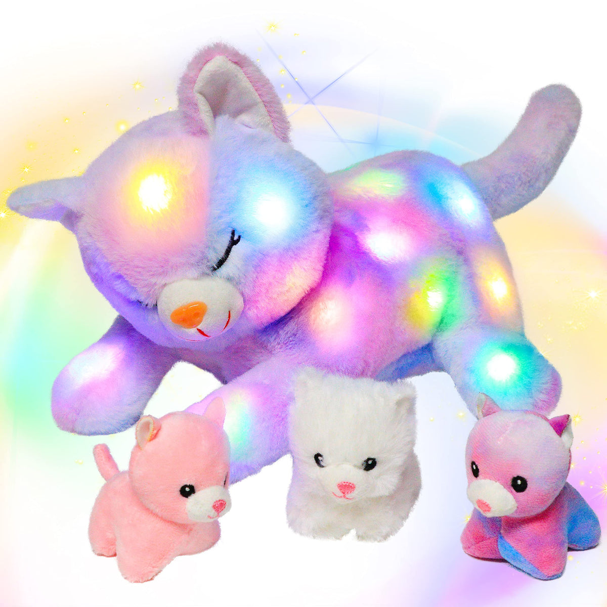 Hopearl LED plush cat with rainbow belly glow for bedtime comfort.
