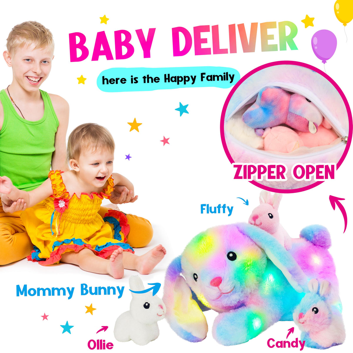 Hopearl LED stuffed rabbit mommy visuals with three-color babies for playful color variety