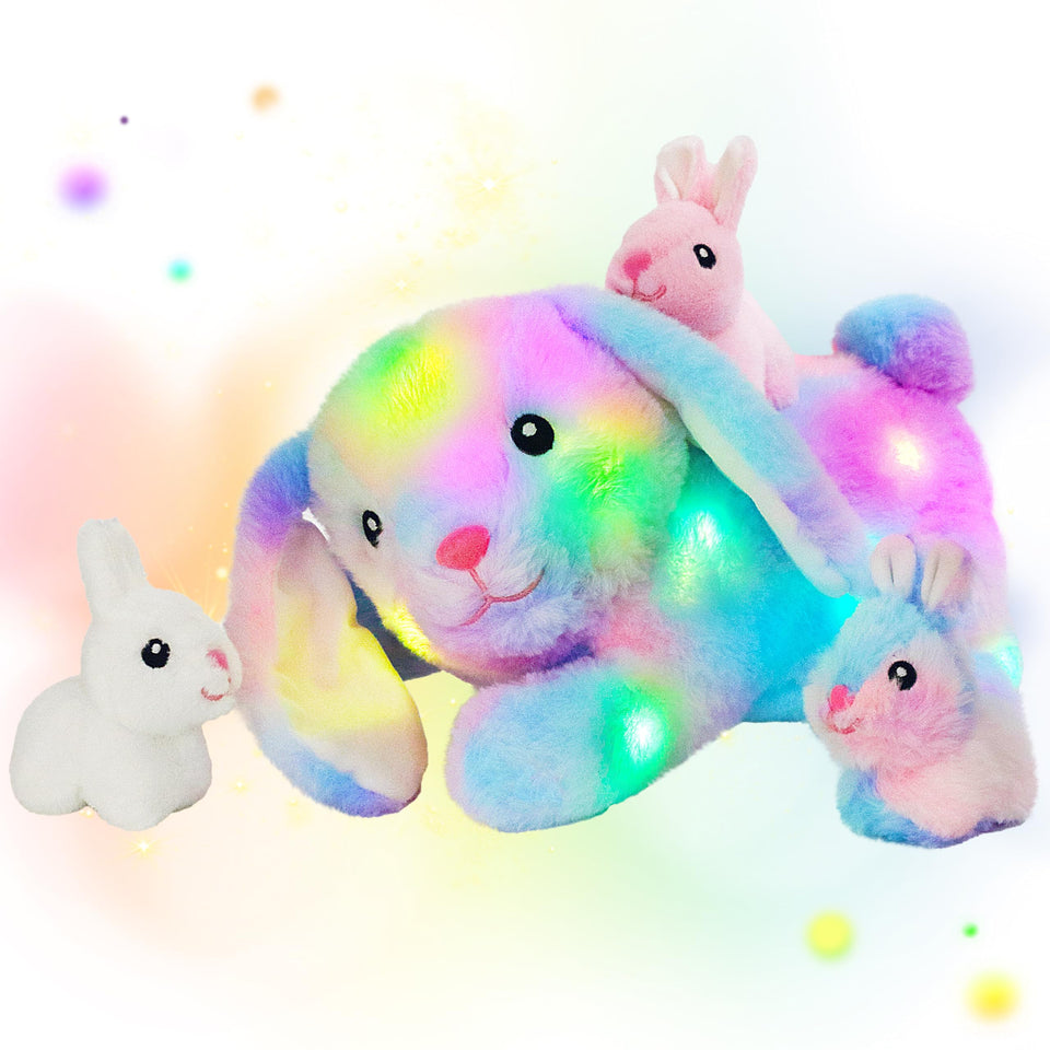 Hopearl LED stuffed rabbit mommy with 3 babies in tummy glowing for cozy storytelling