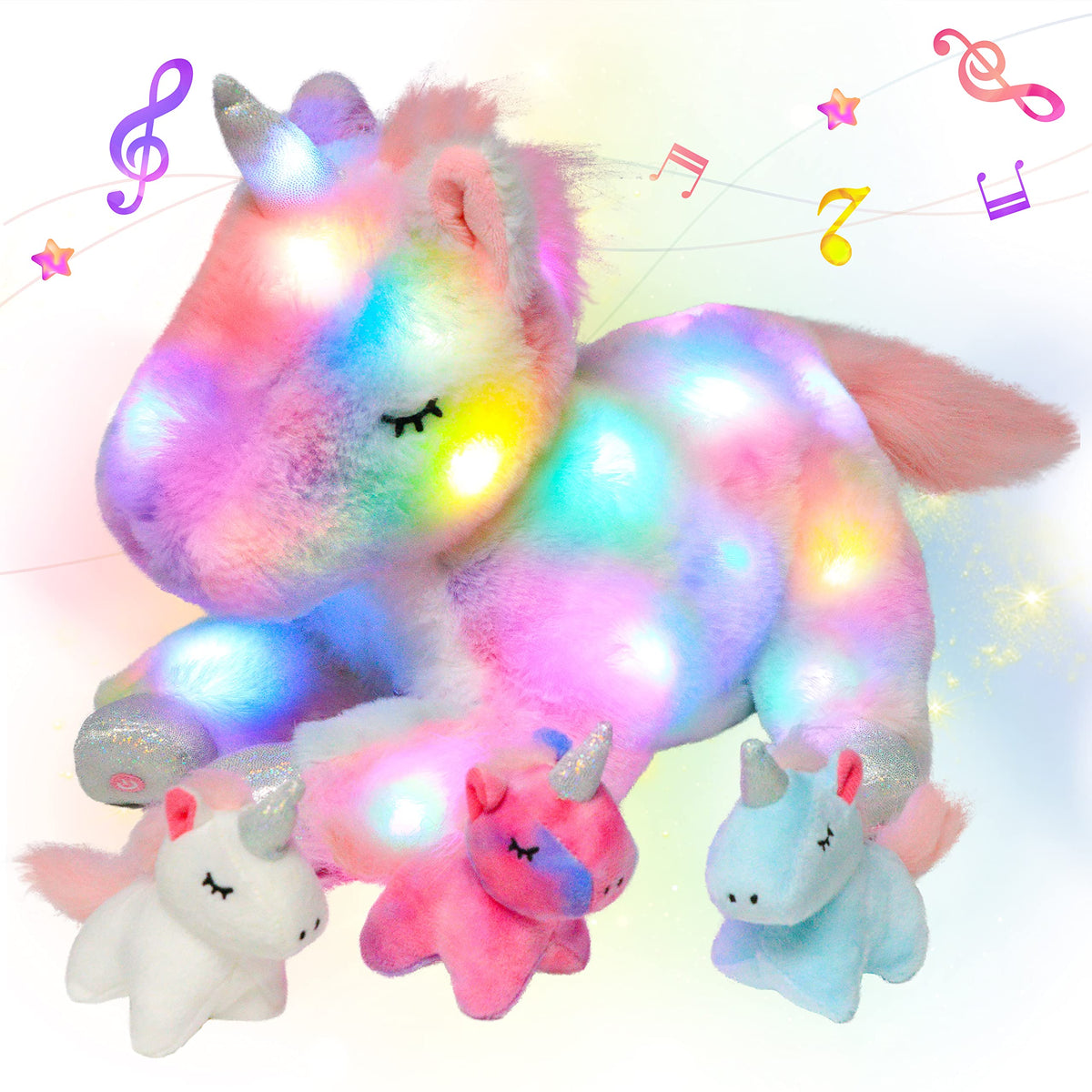 Hopearl Mommy Unicorn glows in the dark for soothing bedtimes.