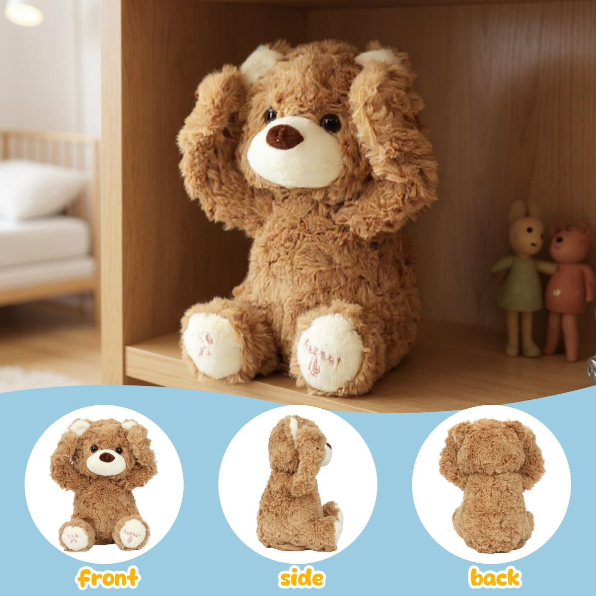 Hopearl Peek A Boo Bear singing mode button close-up for interactive play.