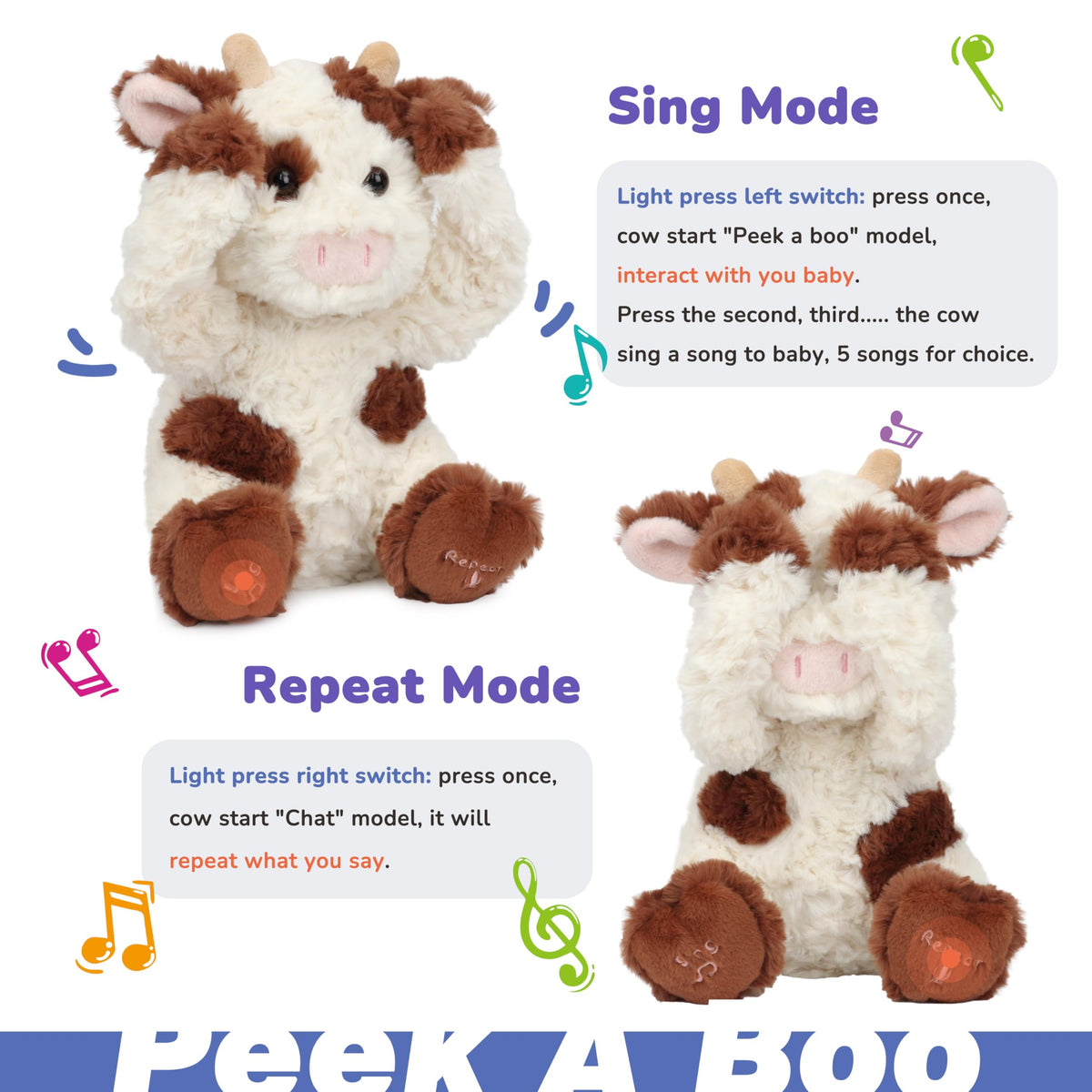Hopearl Peek A Boo Cow performs peek-a-boo motions while singing