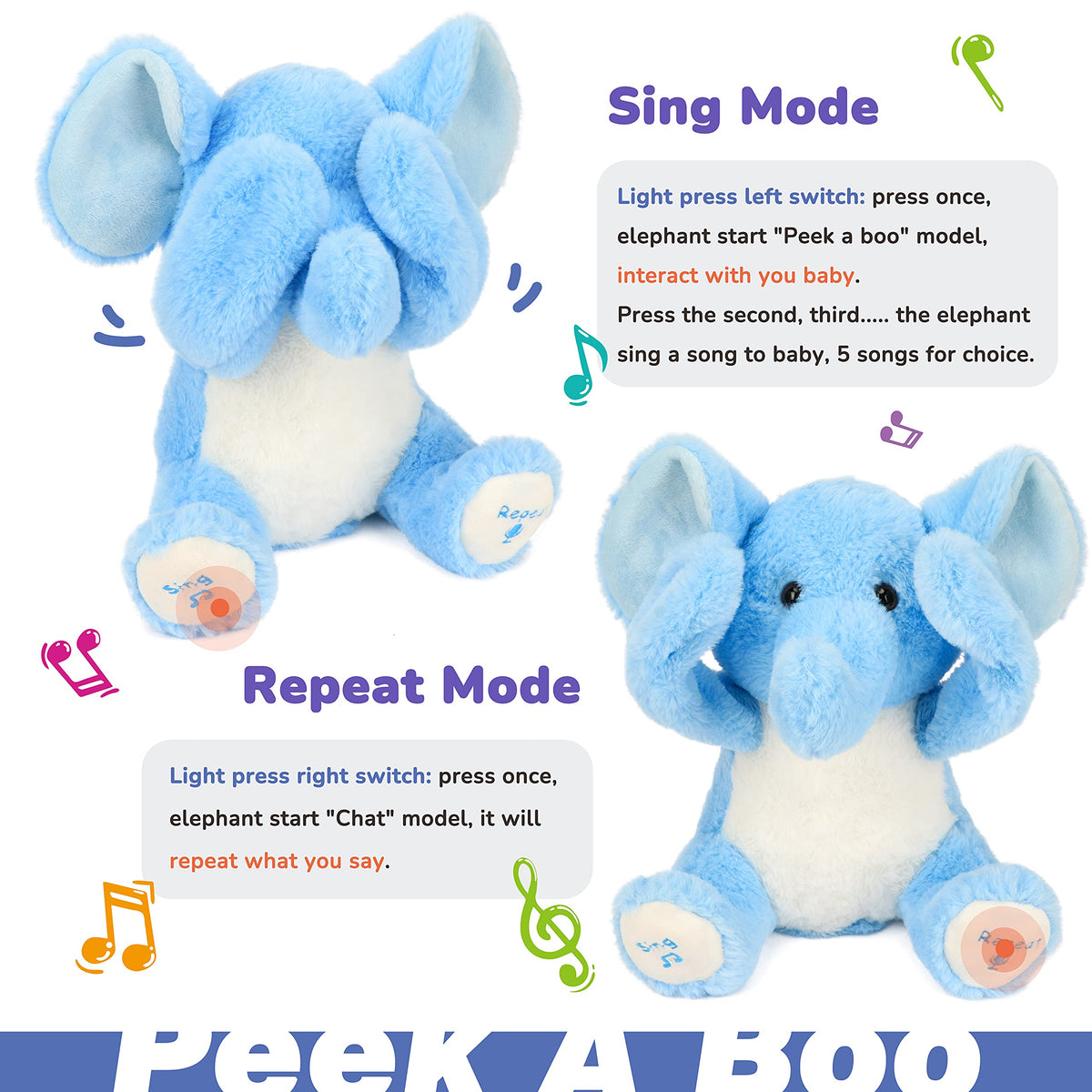 Hopearl Peek A Boo Elephant singing mode delivers cheerful tunes during playtime.
