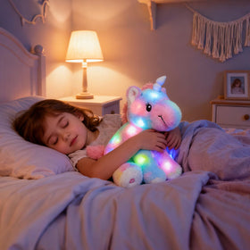 Hopearl plush unicorn with color-changing lights creates calming visuals.