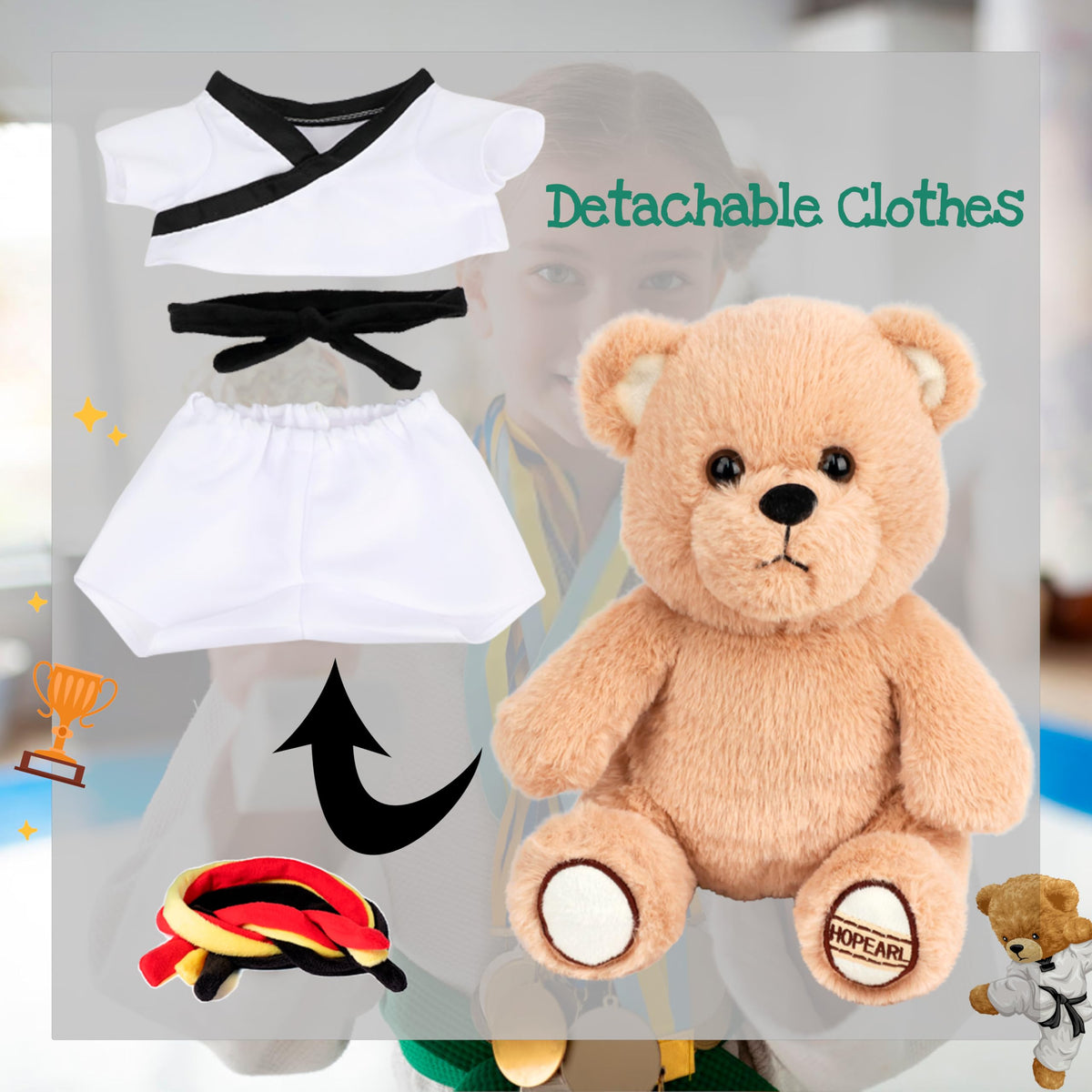 Hopearl Taekwondo Bear sits about 10 inches tall