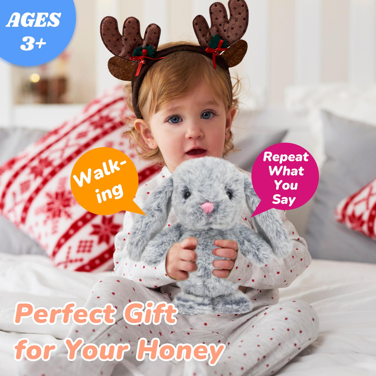 Hopearl Talking Singing Bunny face close-up: cute detail captivates toddlers during playtime.