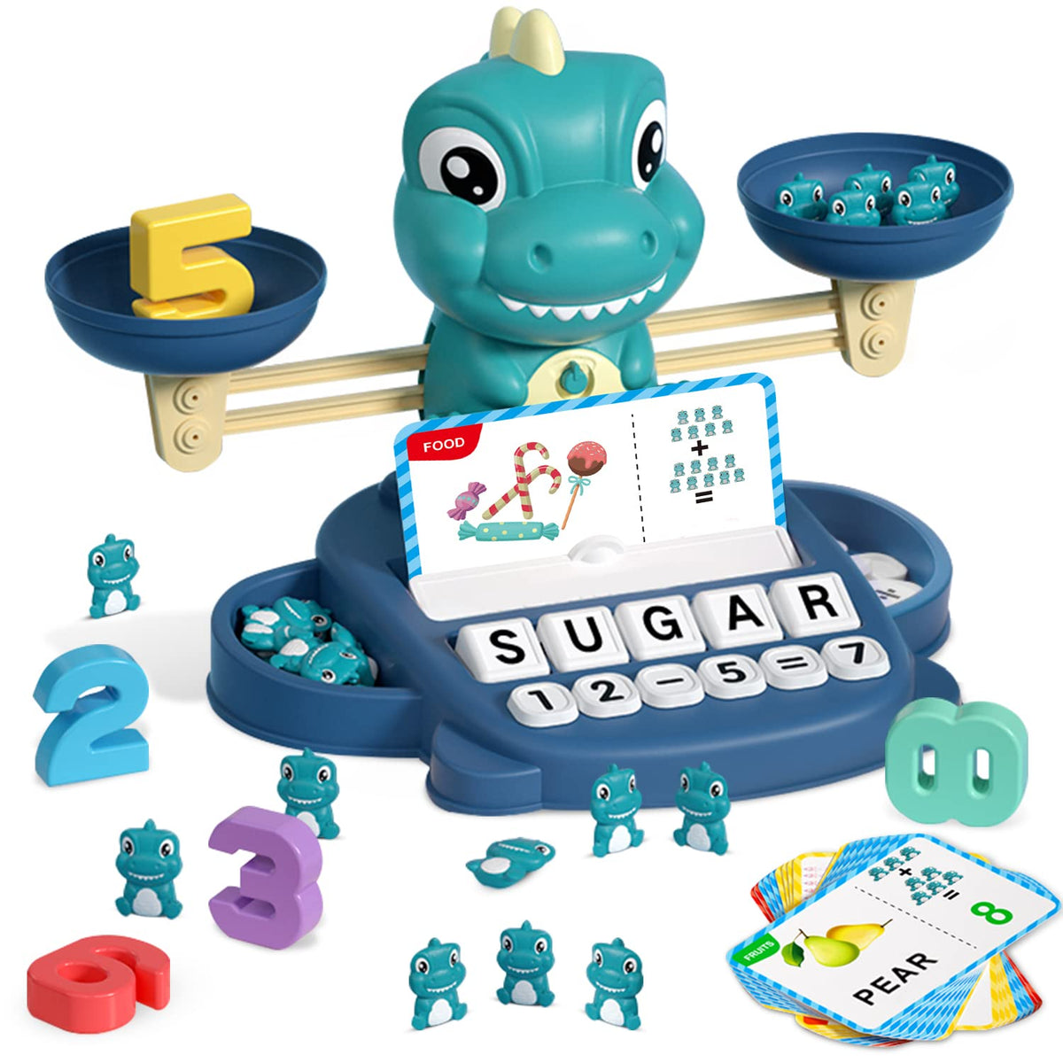 HOPEEYE dinosaur balance toy with colorful weights for counting practice.