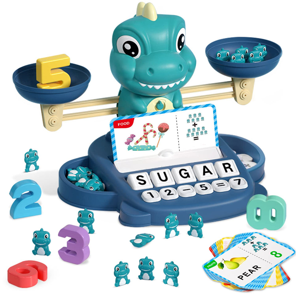 HOPEEYE dinosaur balance toy with colorful weights for counting practice.