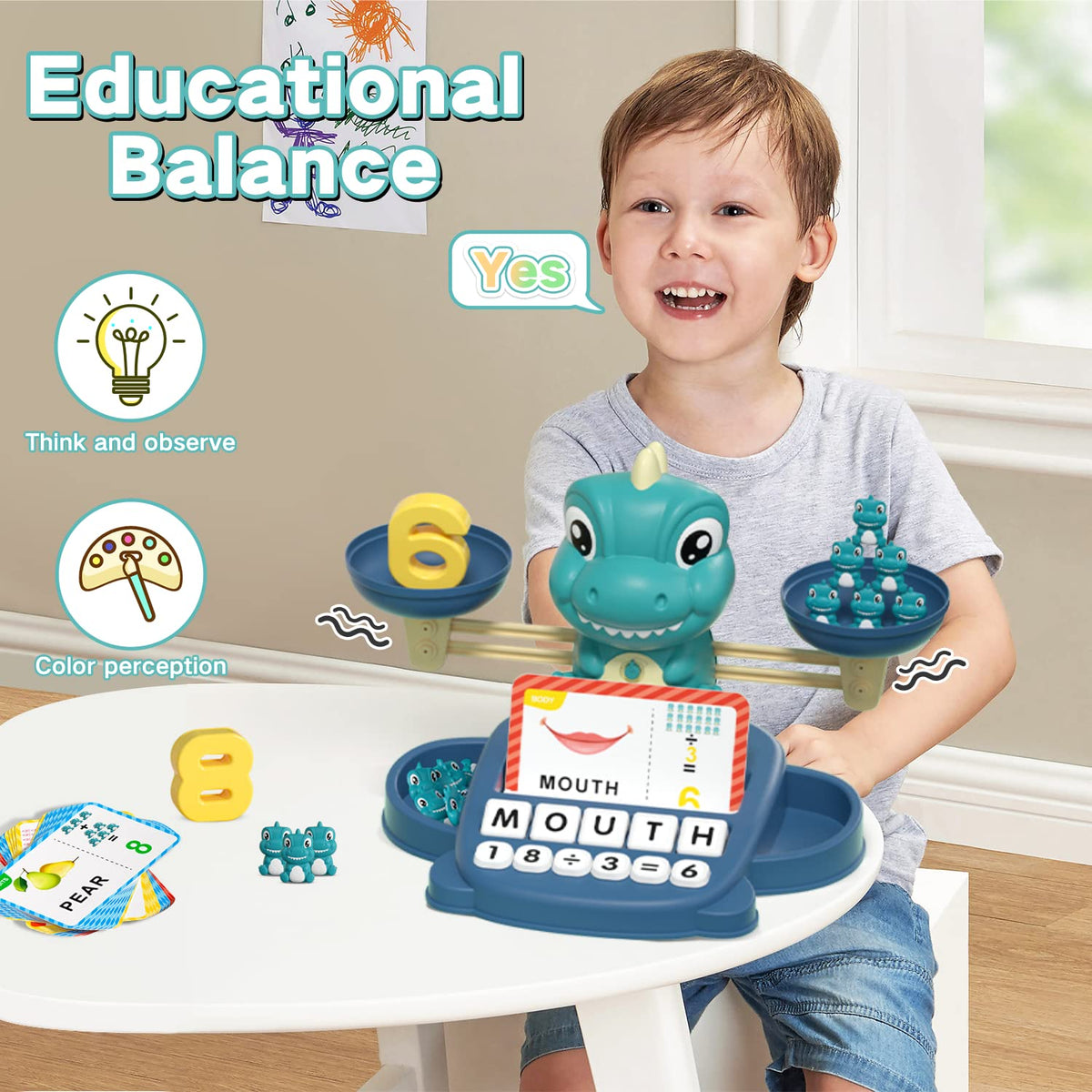 HOPEEYE weight set and dinosaur figures for number matching.