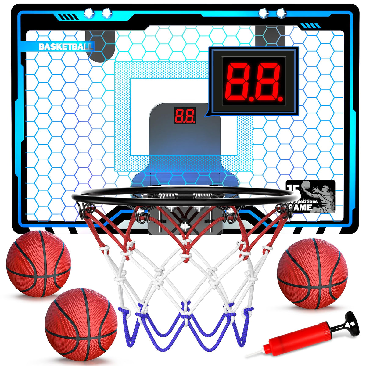 HopeRock indoor basketball hoop with LED over-the-door for energetic play at home