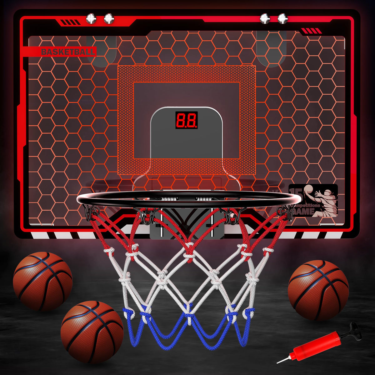 HopeRock mini hoop with automatic scoreboard encourages friendly competition.