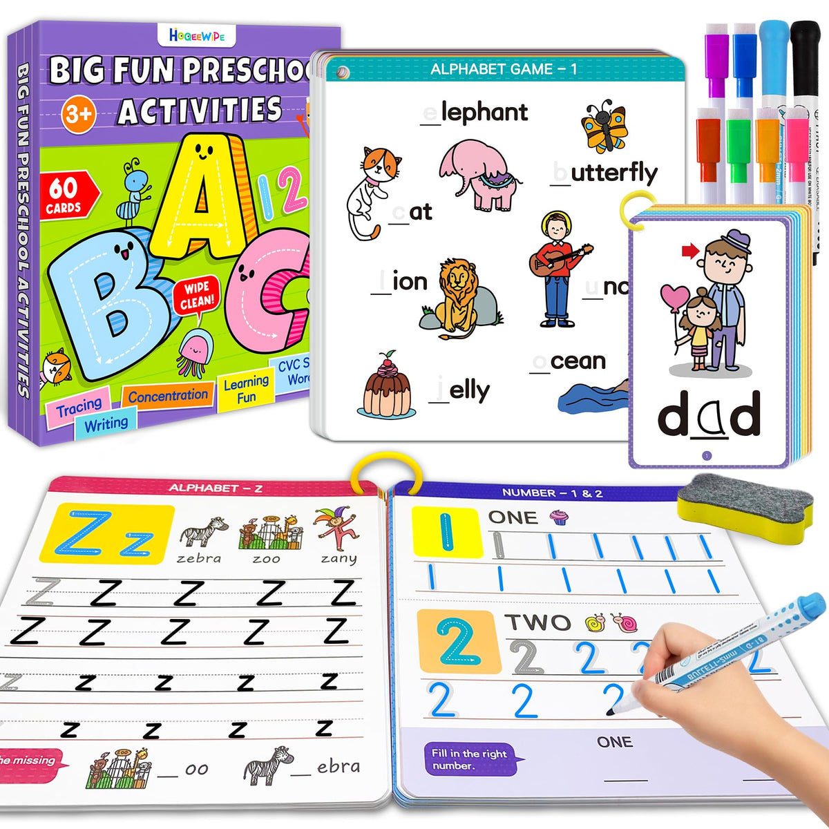 HOQEEWIPE preschool workbook cover with tracing pages for early writing practice