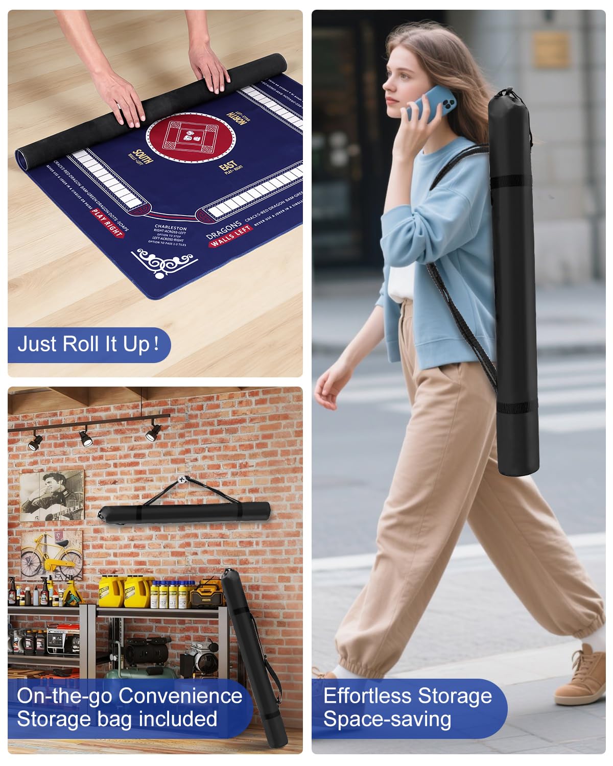 HoRiMe Mahjong Mat roll-up design with carrying bag for travel and storage.