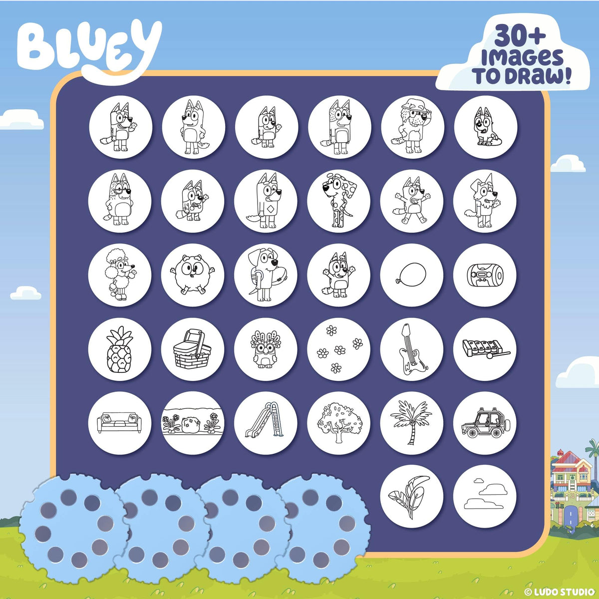 Bluey Draw ’N Create crayons add vibrant color to scenes.