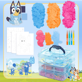 Bluey moldable play sand in vibrant colors for creative tactile exploration.