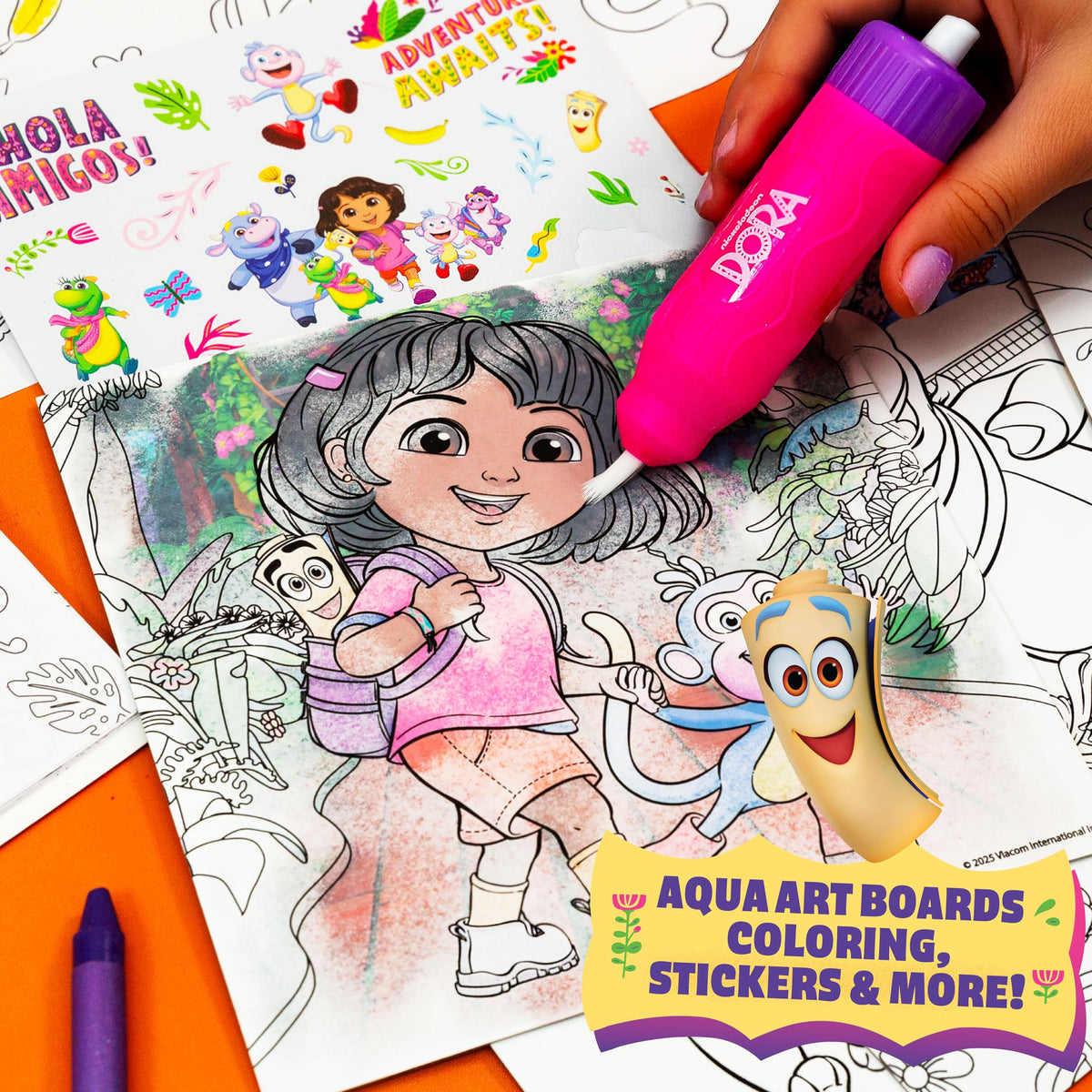 Dora coloring pad shows big pages for shared creative fun.