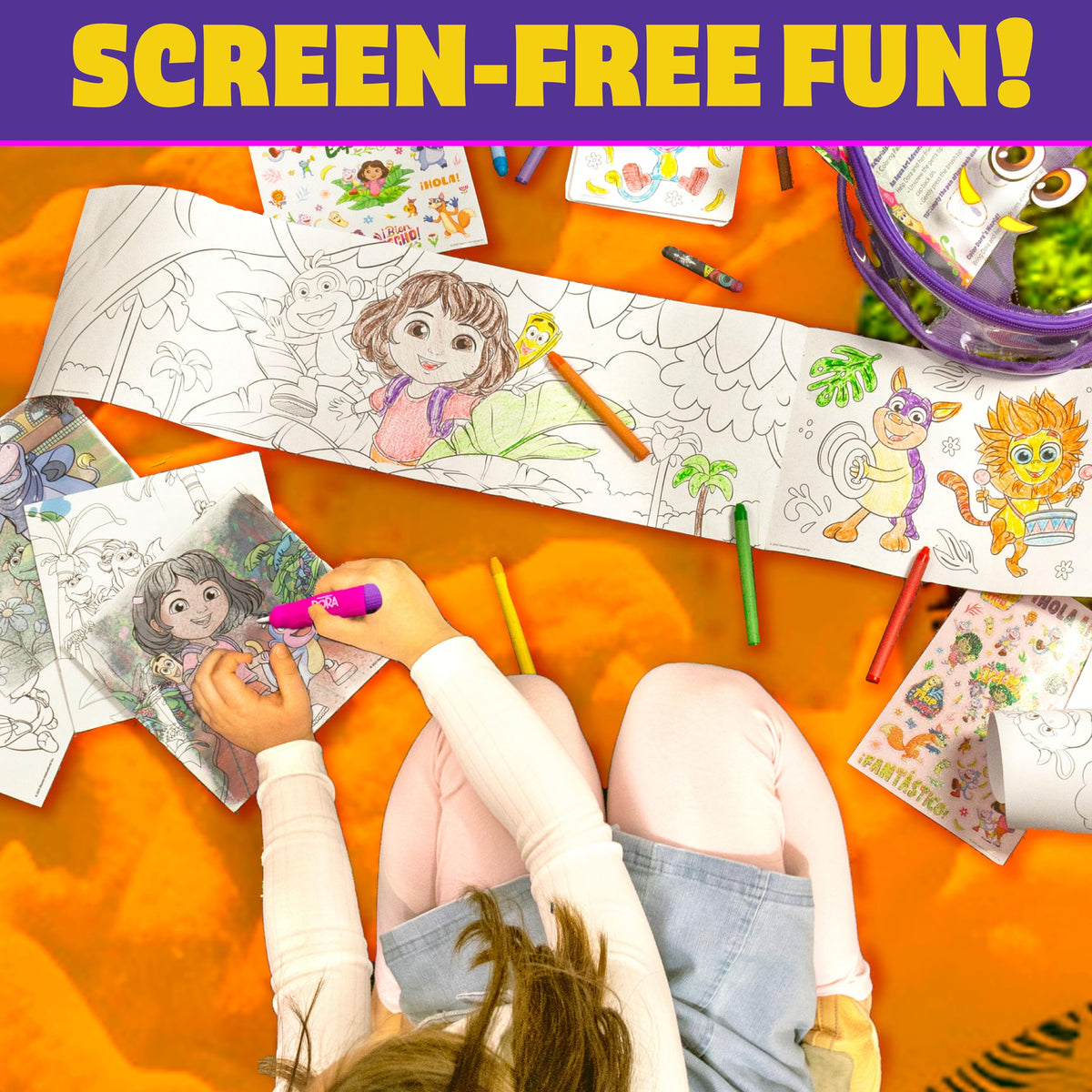 Dora coloring roll demonstrates expansive space for collaborative play.