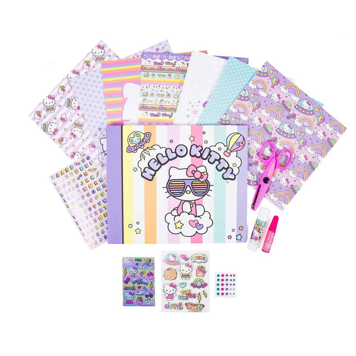 Decorative frames highlight photos on Hello Kitty scrapbook pages
