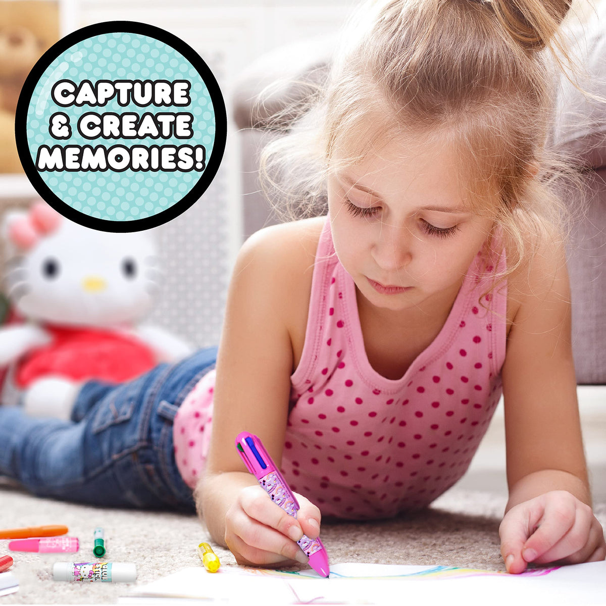 Sticker sheets and gemstones add sparkle to Hello Kitty scrapbook pages