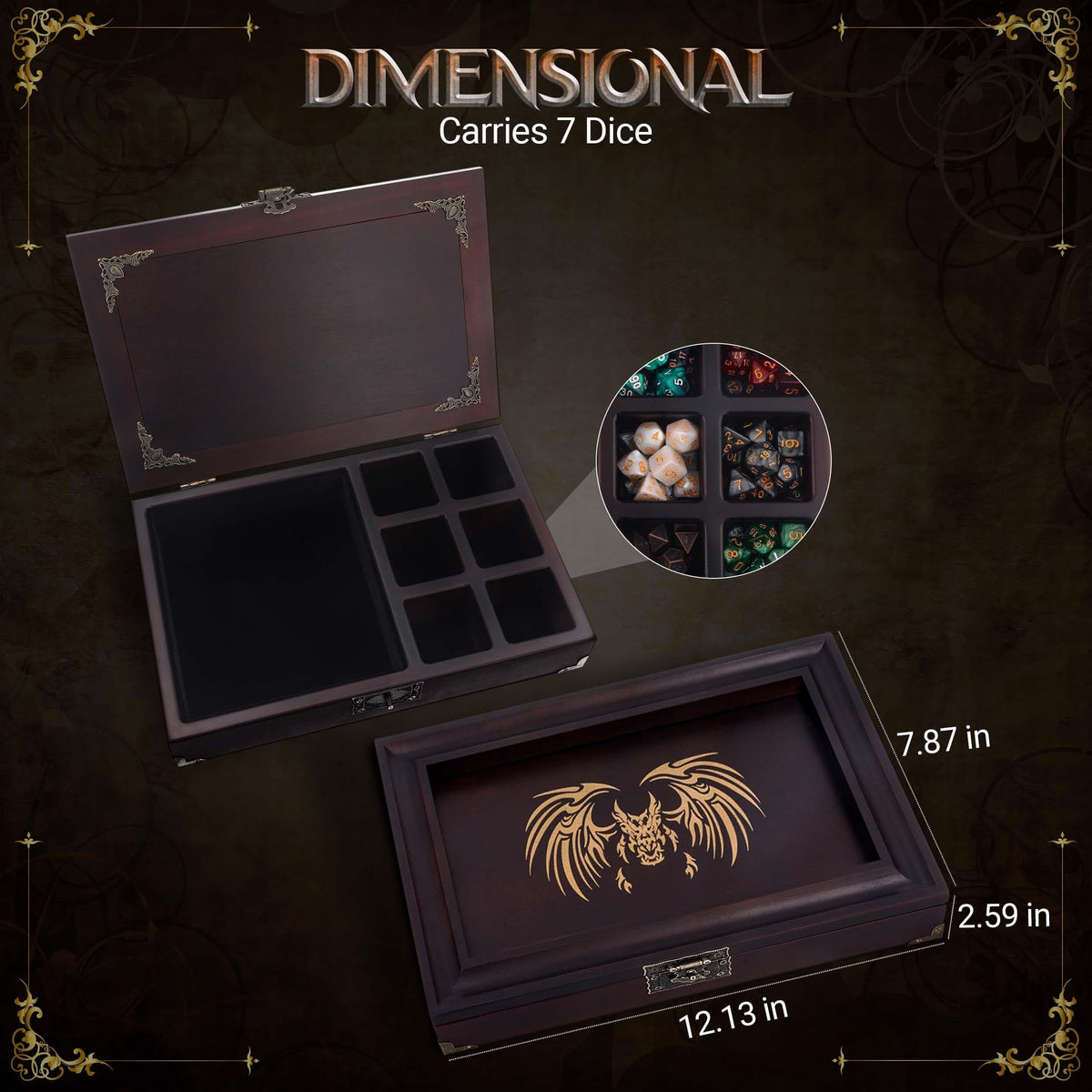 HORNATE wooden storage organizer keeps dice, tokens and props neatly arranged