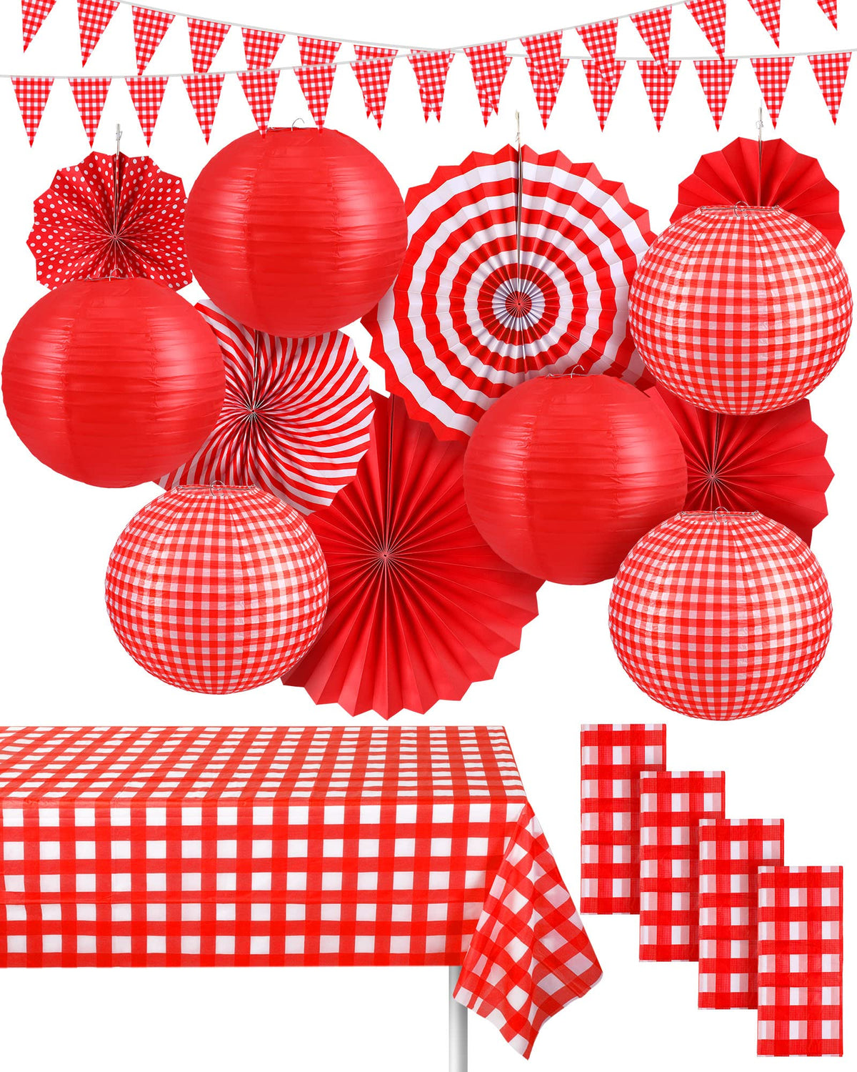 Hortsun red gingham tablecloths used as a bright outdoor dining base for gatherings.