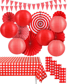 Hortsun red gingham tablecloths used as a bright outdoor dining base for gatherings.
