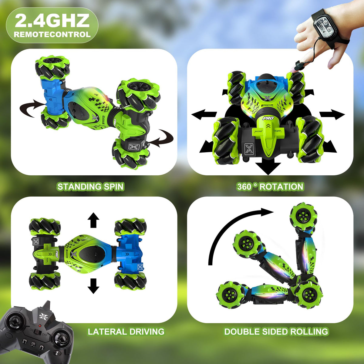 HOSHIPLAY gesture RC car green LED lights in action while racing