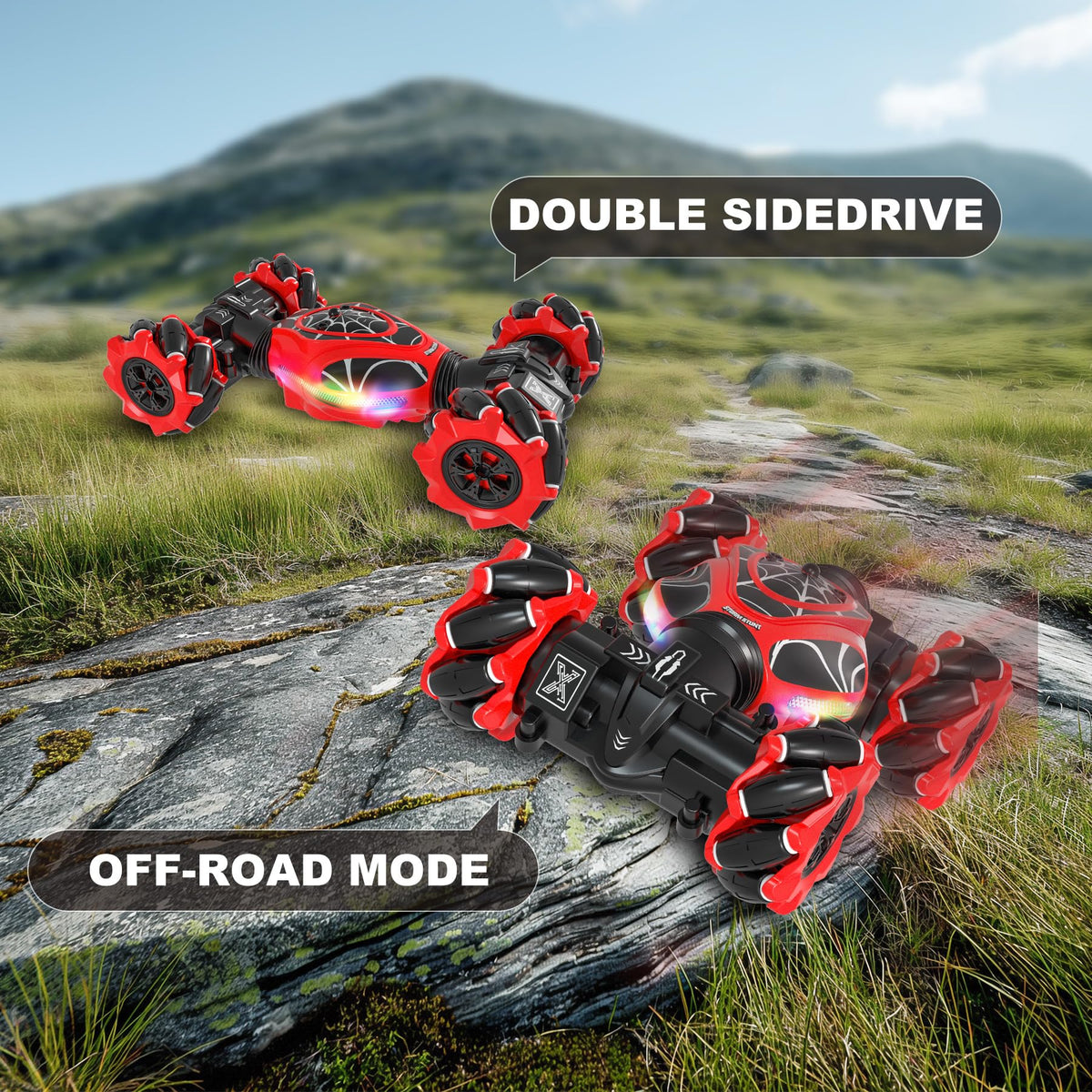 HOSHIPLAY Gesture RC Car Red side view showing 4WD action and grip