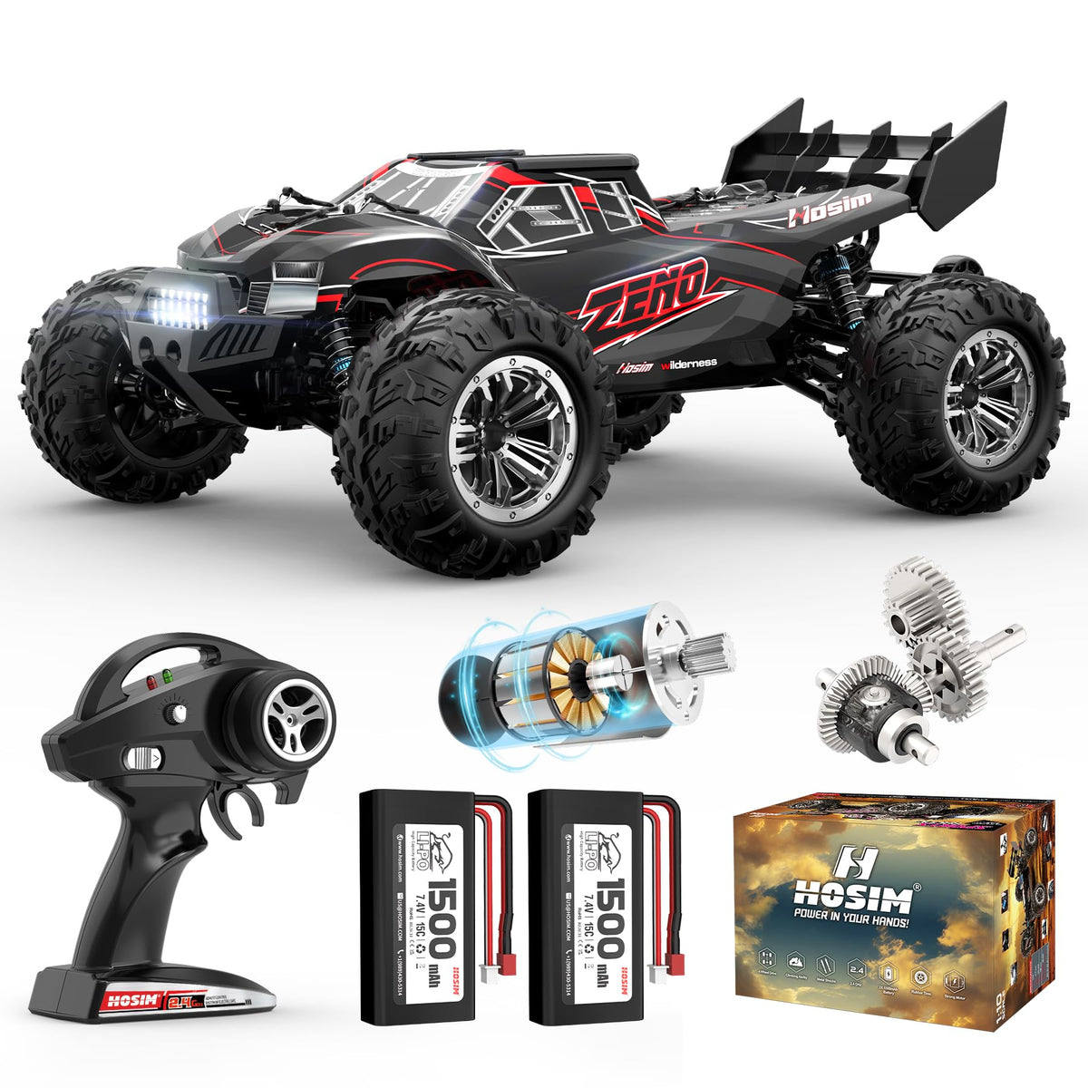 Hosim 1/10 RC Car front view with LED lights for all-weather racing