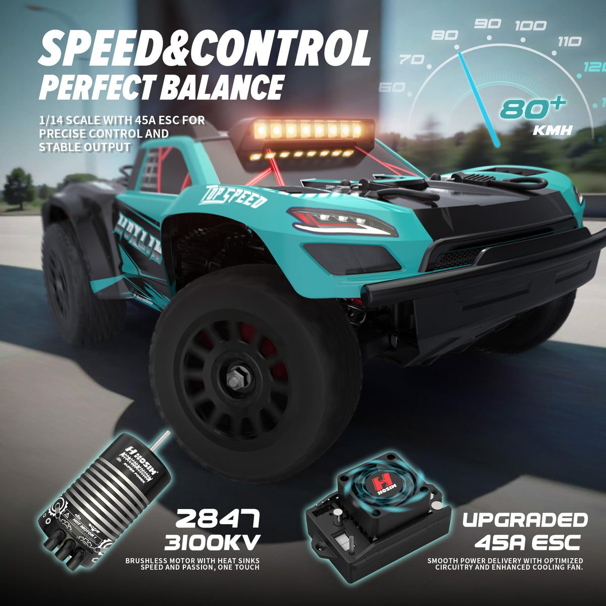 Hosim 1/14-scale RC car with 3S battery for longer, continuous sessions