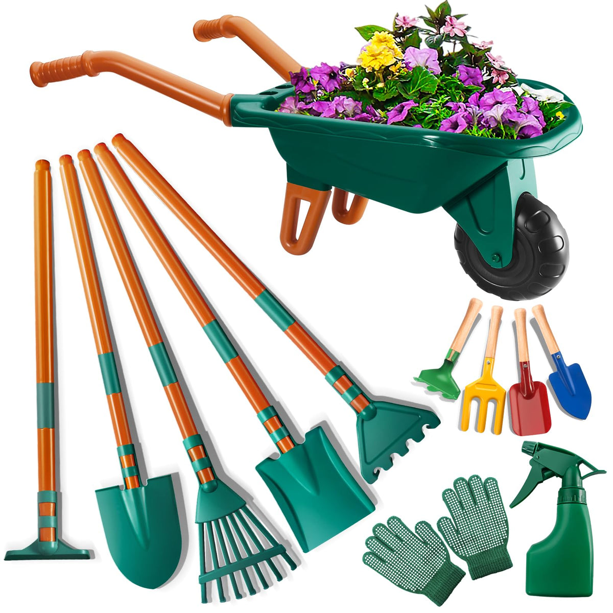 HOSPONY Kids Gardening Set wheelbarrow in green for outdoor role-play and seed transport