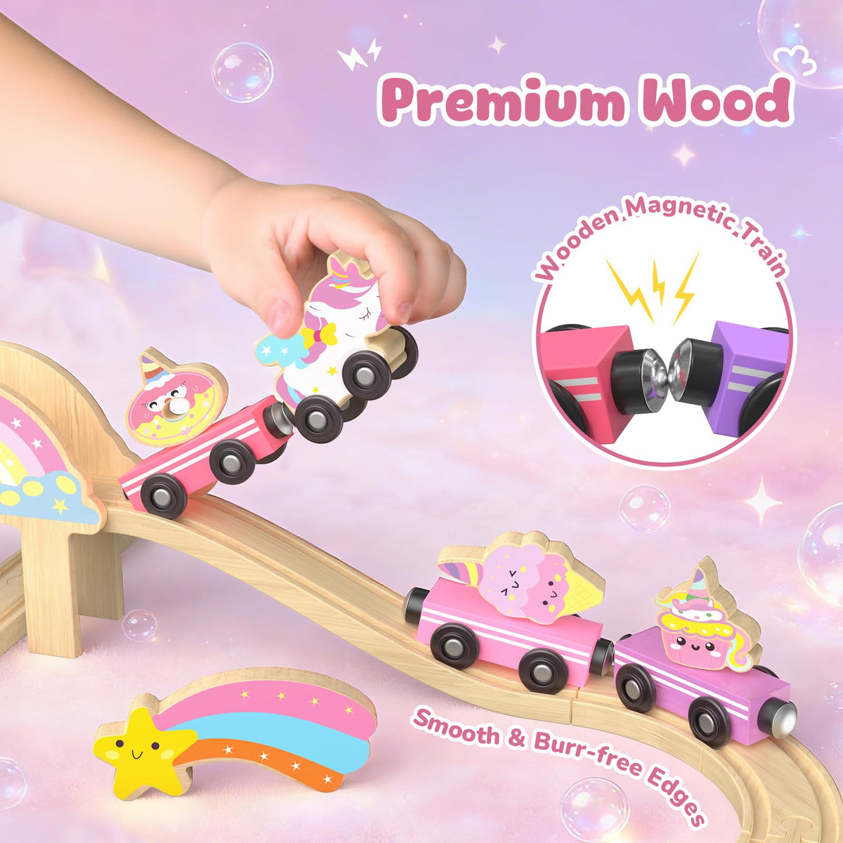 Hot Bee Unicorn Train Set features smooth, rounded edges for safe grasp.