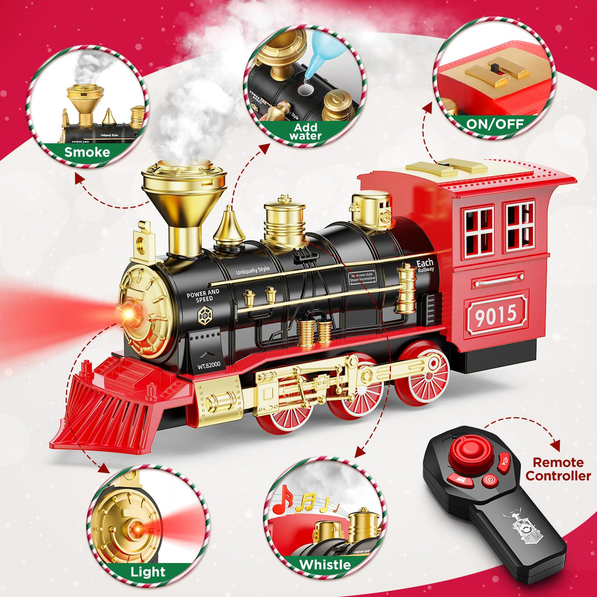 Hot Bee train locomotive front view with bright lights for exciting night-time pretend runs.