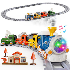 Hot Bee train set engine steaming with lights for engaging pretend play.