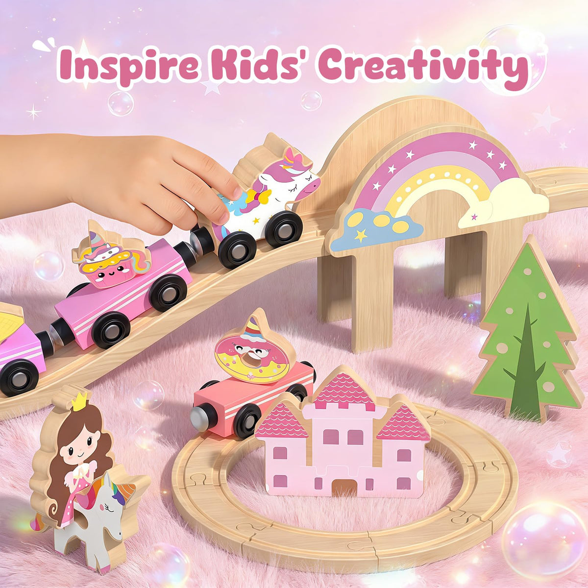 Hot Bee Wooden Train Cars and Track Pieces offer sturdy, kid-friendly building.