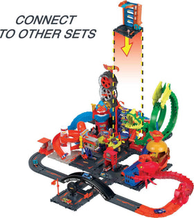 Hot Wheels 1:64 scale vehicle included for instant action.