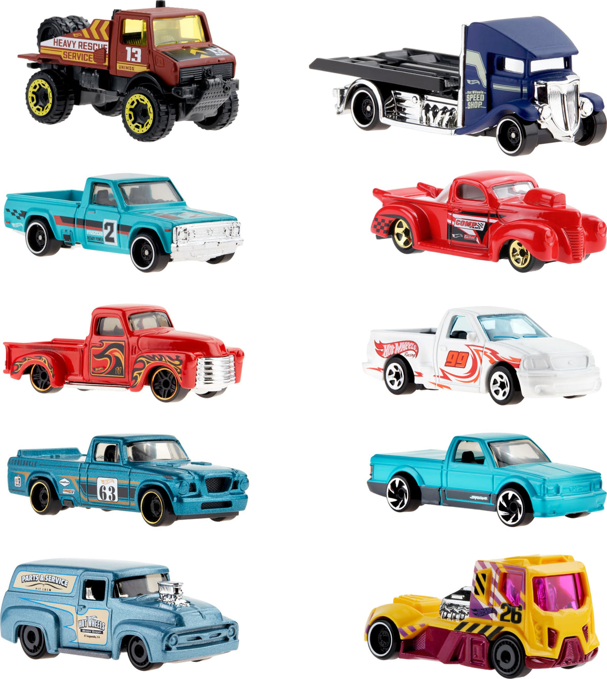 Hot Wheels 10-Pack trucks detailed decos for collectors and kids.