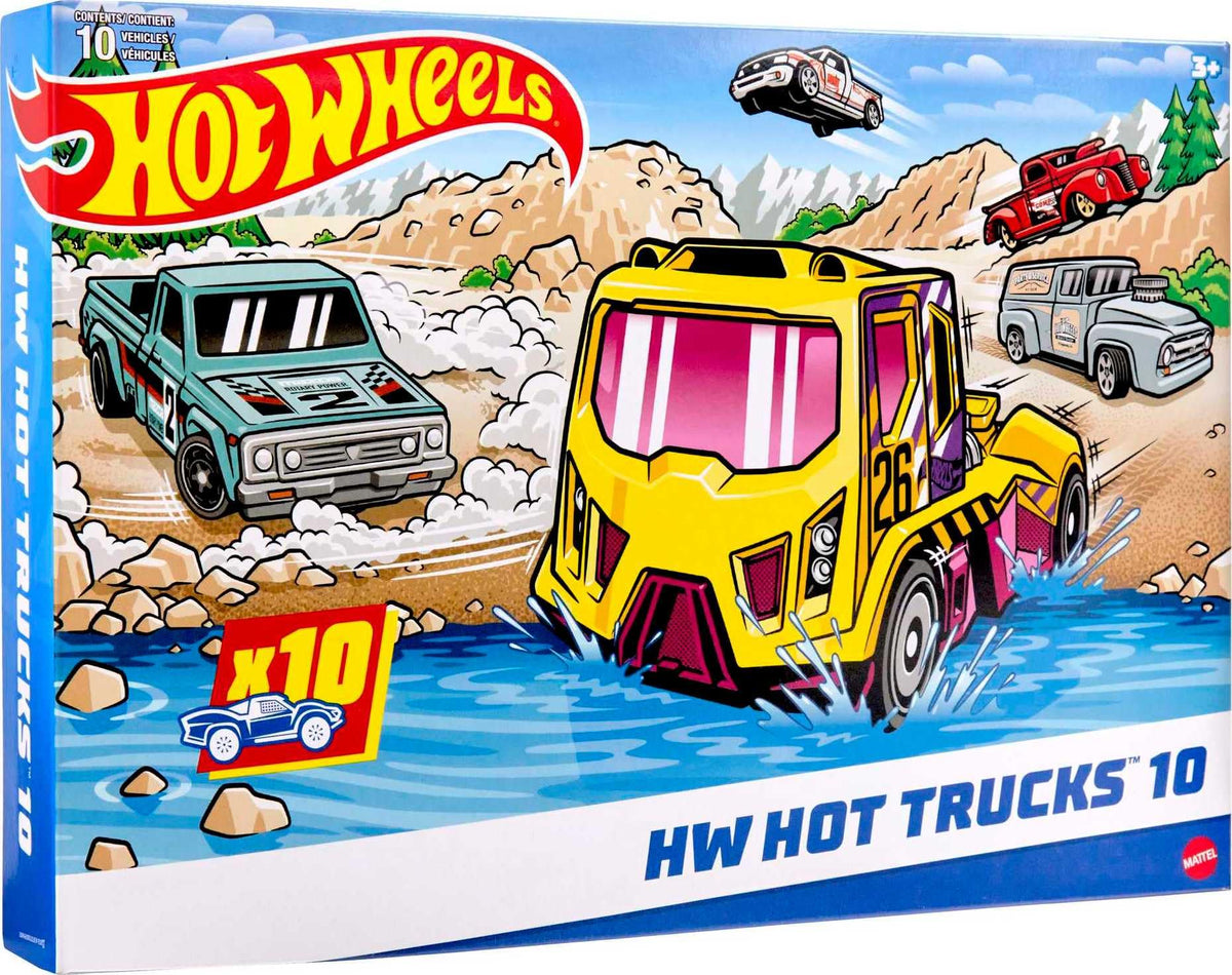 Hot Wheels 10-Pack trucks front view highlighting 1:64 scale for play.