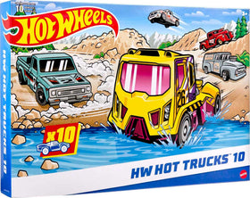 Hot Wheels 10-Pack trucks front view highlighting 1:64 scale for play.