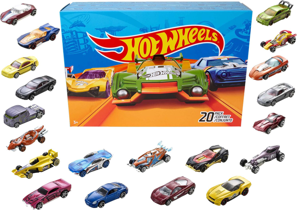 Hot Wheels 20-Car Pack front view with colorful decos for collection display
