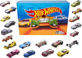 Hot Wheels 20-Car Pack front view with colorful decos for collection display