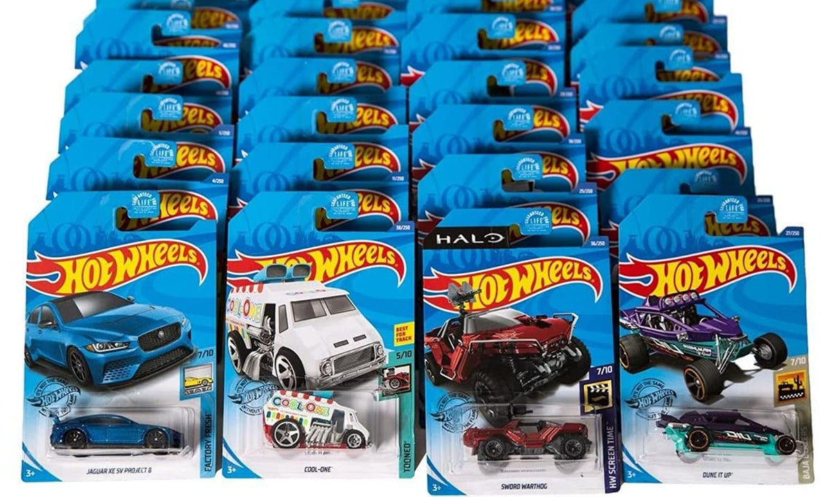 Hot Wheels 24-car random assortment party pack showcases diverse 1:64 die-cast cars for gifting and play