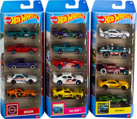Hot Wheels 5-pack bundle packaging with three themed sets for play and collection.