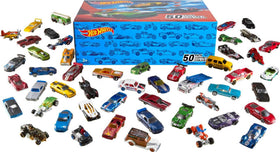 Hot Wheels 50-pack box display of 1:64 scale cars for collection.